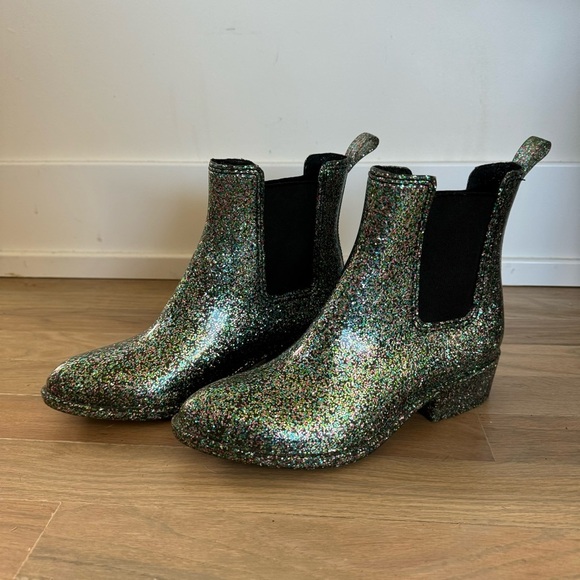 Havana X Jeffrey Campbell Green Glitter Pointed Toe Rubber Chelsea Ankle Boots - Picture 1 of 8